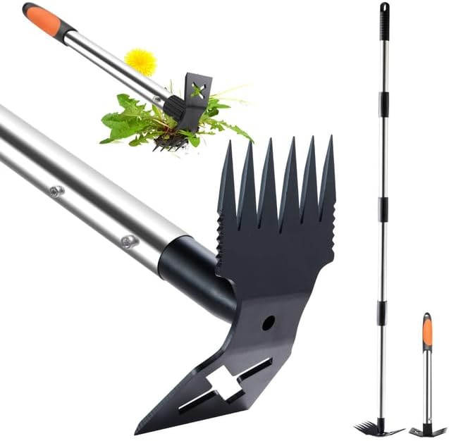 60" Weed Puller Tool with Long Handle and 17" Weeding Tools Gardening Set, Dual Side Hand Weed Rake and Hoe Garden Weeder for Yard, Patio, Lawn