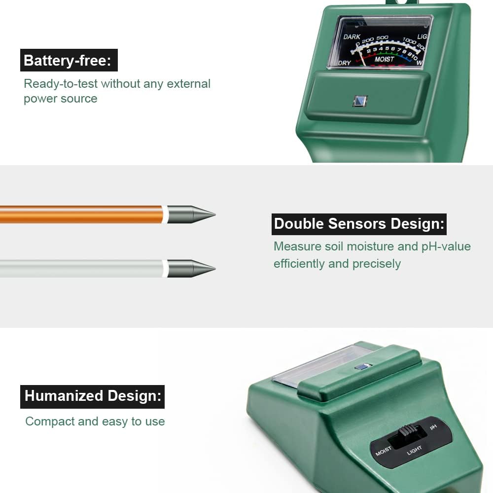 3-in-1 Soil Moisture Light pH Tester for Garden Lawn Farm Indoor Outdoor Use Green