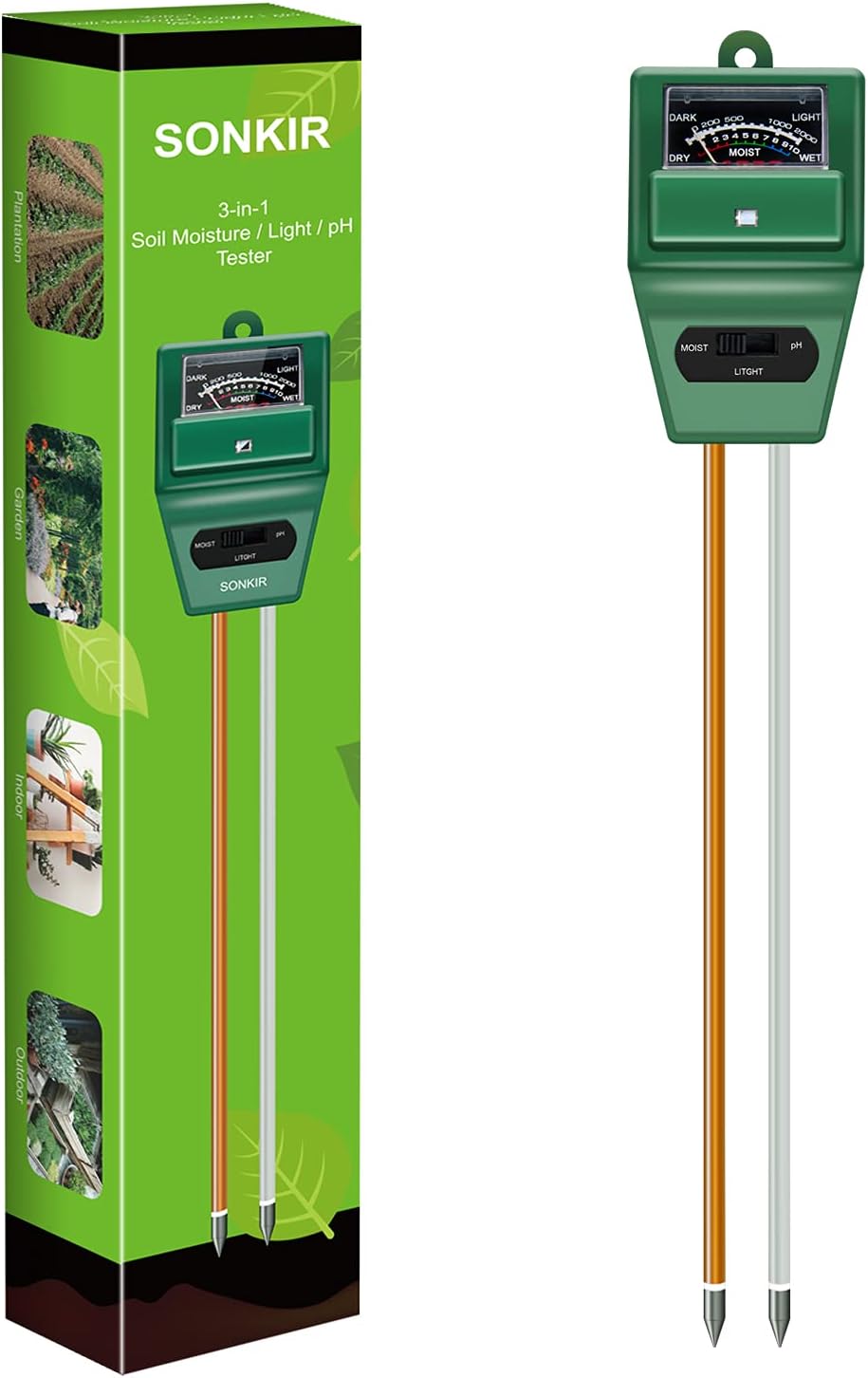 3-in-1 Soil Moisture Light pH Tester for Garden Lawn Farm Indoor Outdoor Use Green