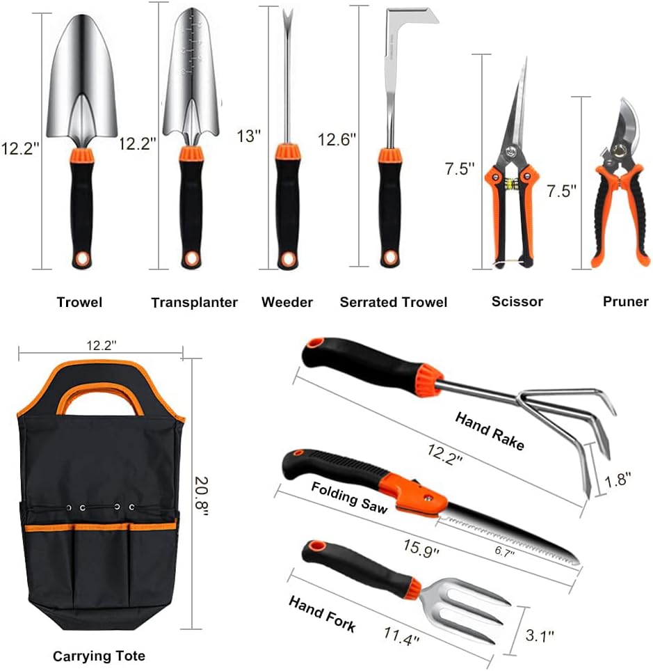 10-Piece Stainless Steel Garden Tool Set with Storage Tote Bag