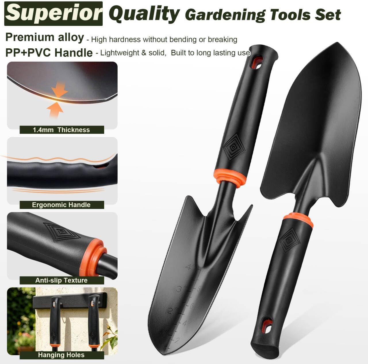 12 Pcs Garden Tool Set for Planting & Weeding, 1.4MM Thick Premium Steel, Ergonomic Contoured Grip, Indoor Outdoor Use
