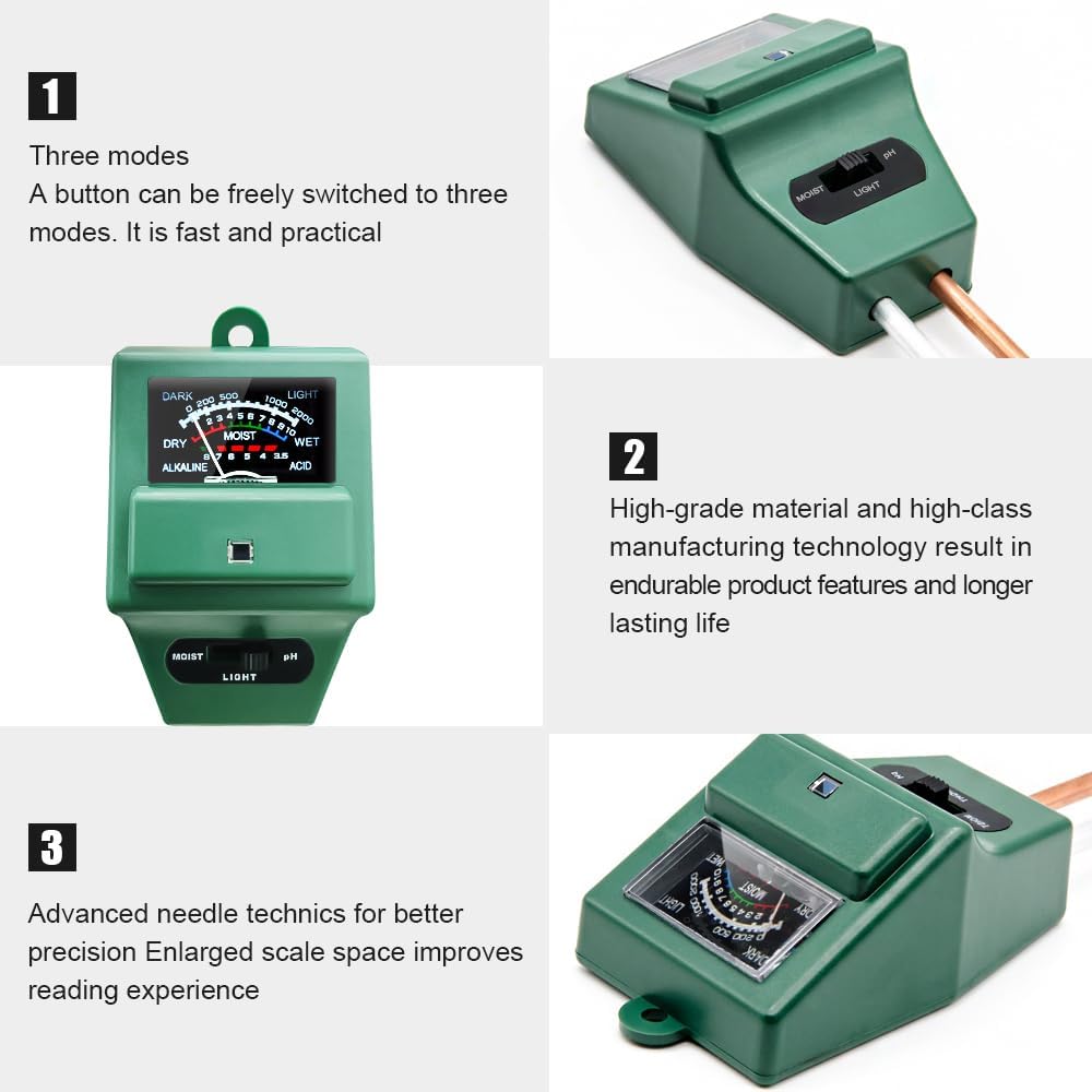 3-in-1 Soil Moisture Light pH Tester for Garden Lawn Farm Indoor Outdoor Use Green