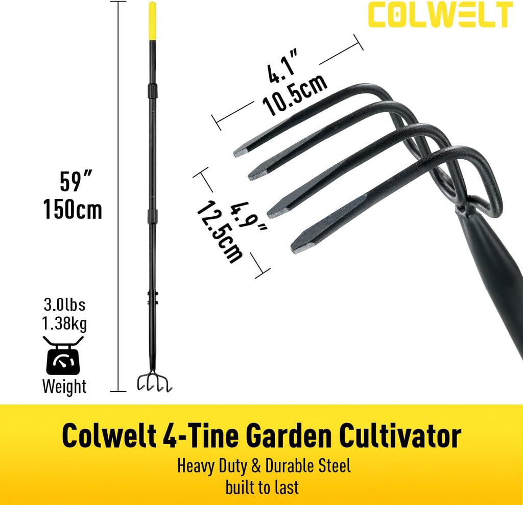 4 Tine Garden Cultivator Rake with Long Handle for Digging Loosening Weeding