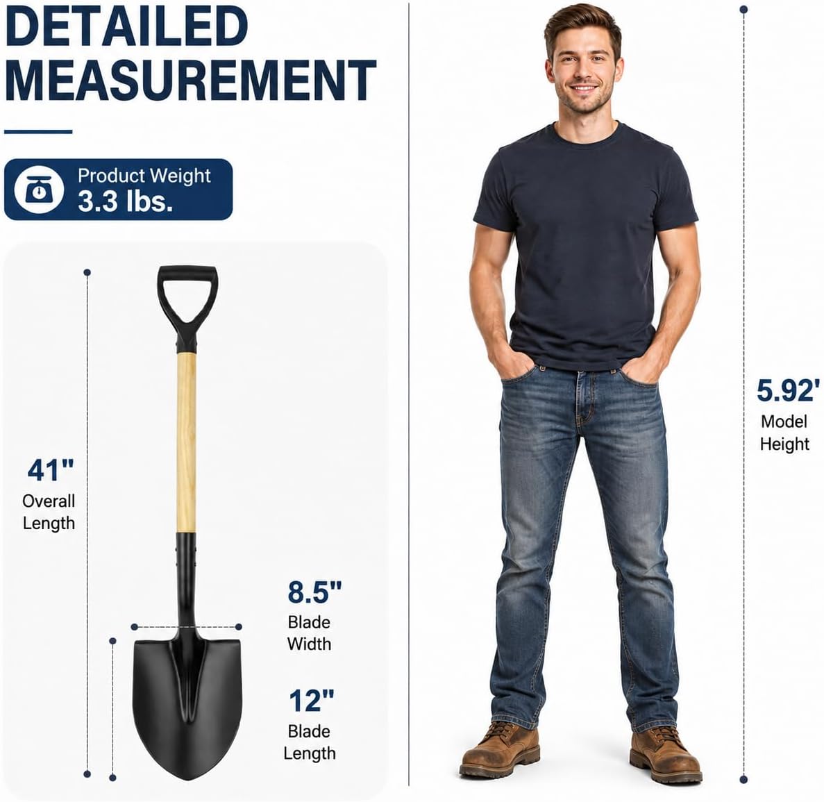 Round Shovel for Digging with D-Handle and Wooden Grip, 41 Inches