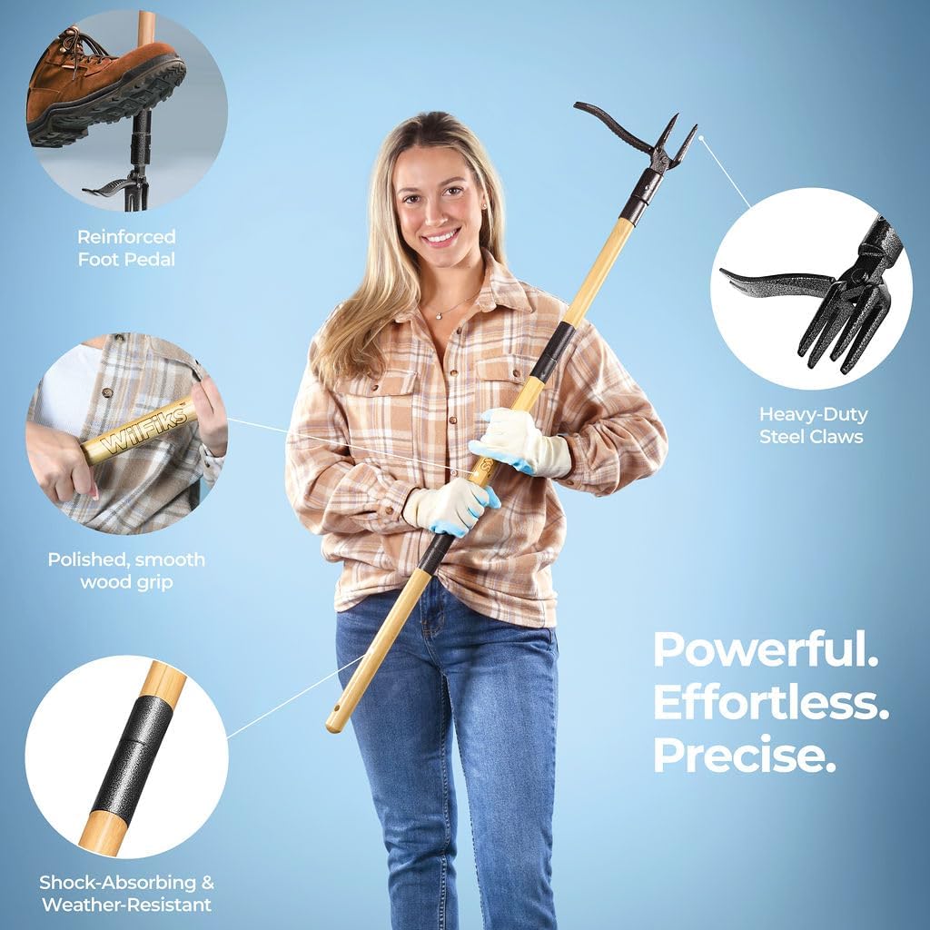 Stand Up Weed Puller Tool with Long Handle and 4-Claw Steel Head