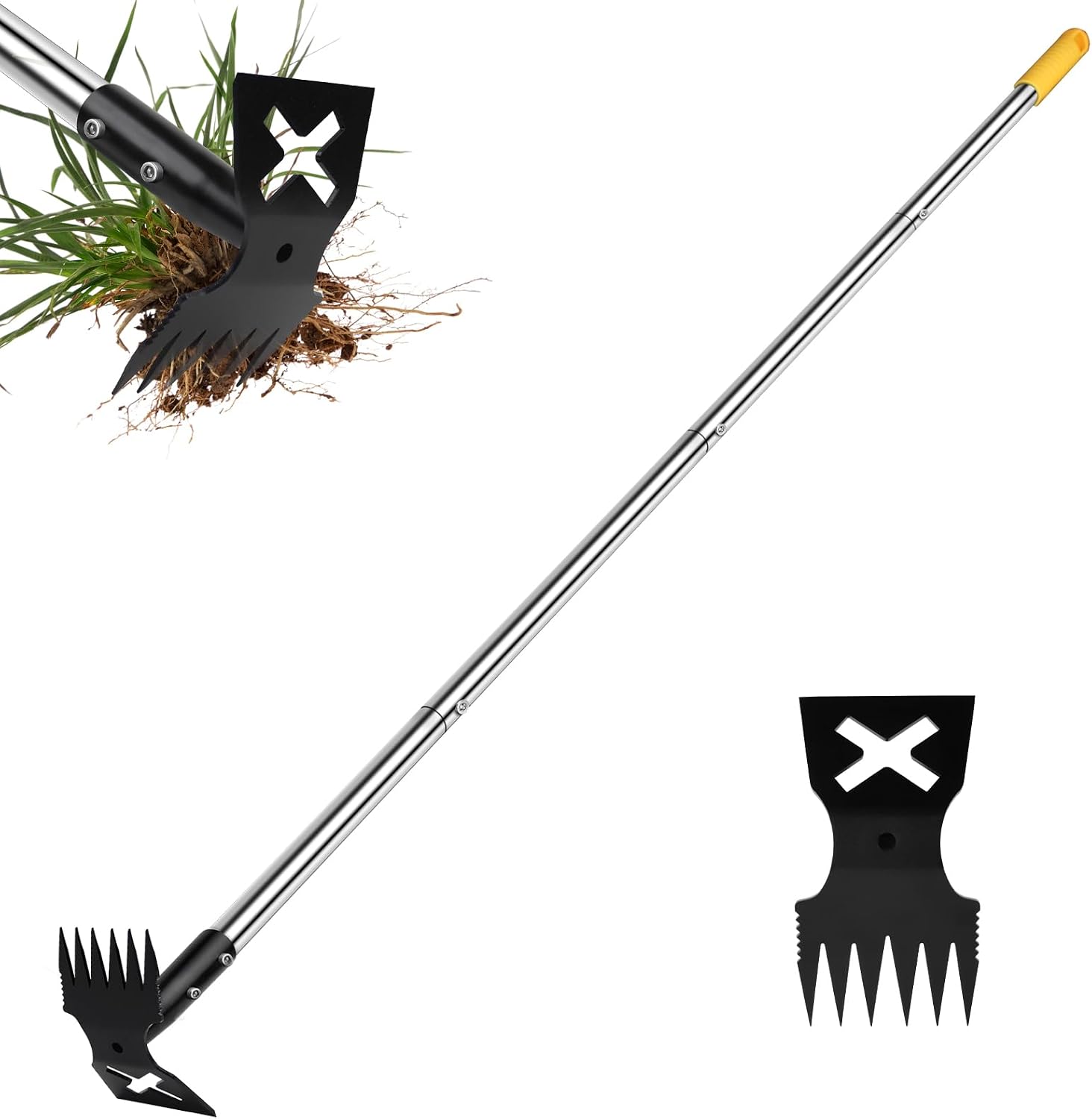 60" Weed Puller Tool with Long Handle and 17" Weeding Tools Gardening Set, Dual Side Hand Weed Rake and Hoe Garden Weeder for Yard, Patio, Lawn