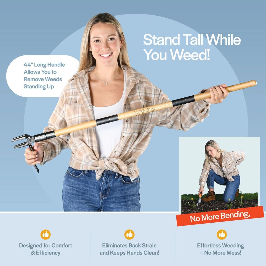 Stand Up Weed Puller Tool with Long Handle and 4-Claw Steel Head