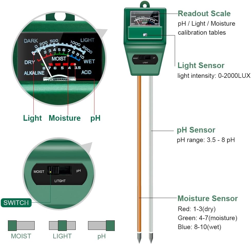 3-in-1 Soil Moisture Light pH Tester for Garden Lawn Farm Indoor Outdoor Use Green