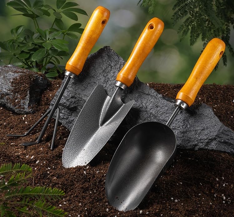 3-in-1 Garden Hand Tool Set Carbon Steel Trowel Transplanter Cultivator with Wooden Handle