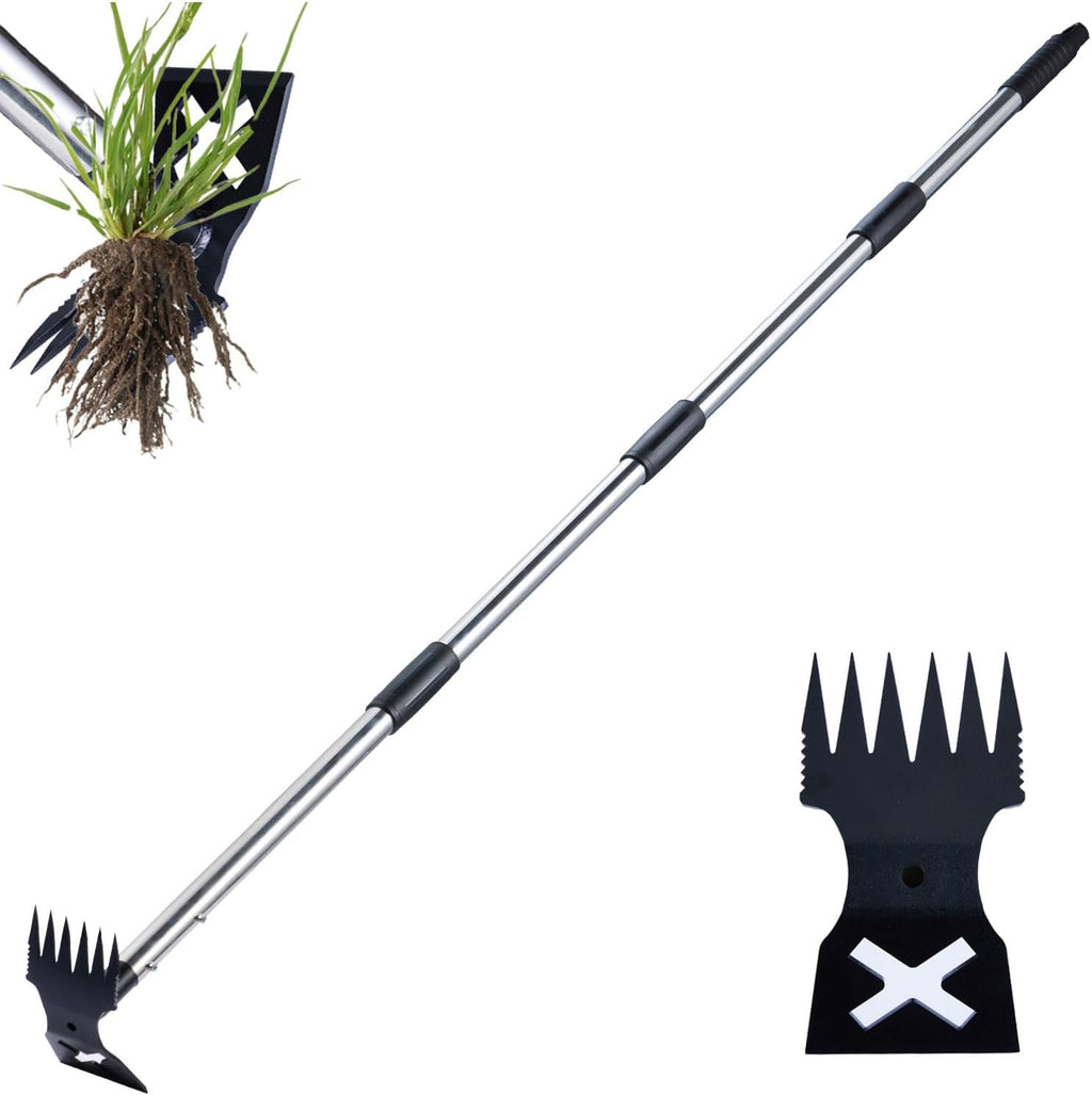 Long Handle Weed Puller Tool Heavy Duty Garden Hoe and Rake 60 Inch 2 in 1 Manual Weeder for Garden Yard Lawn