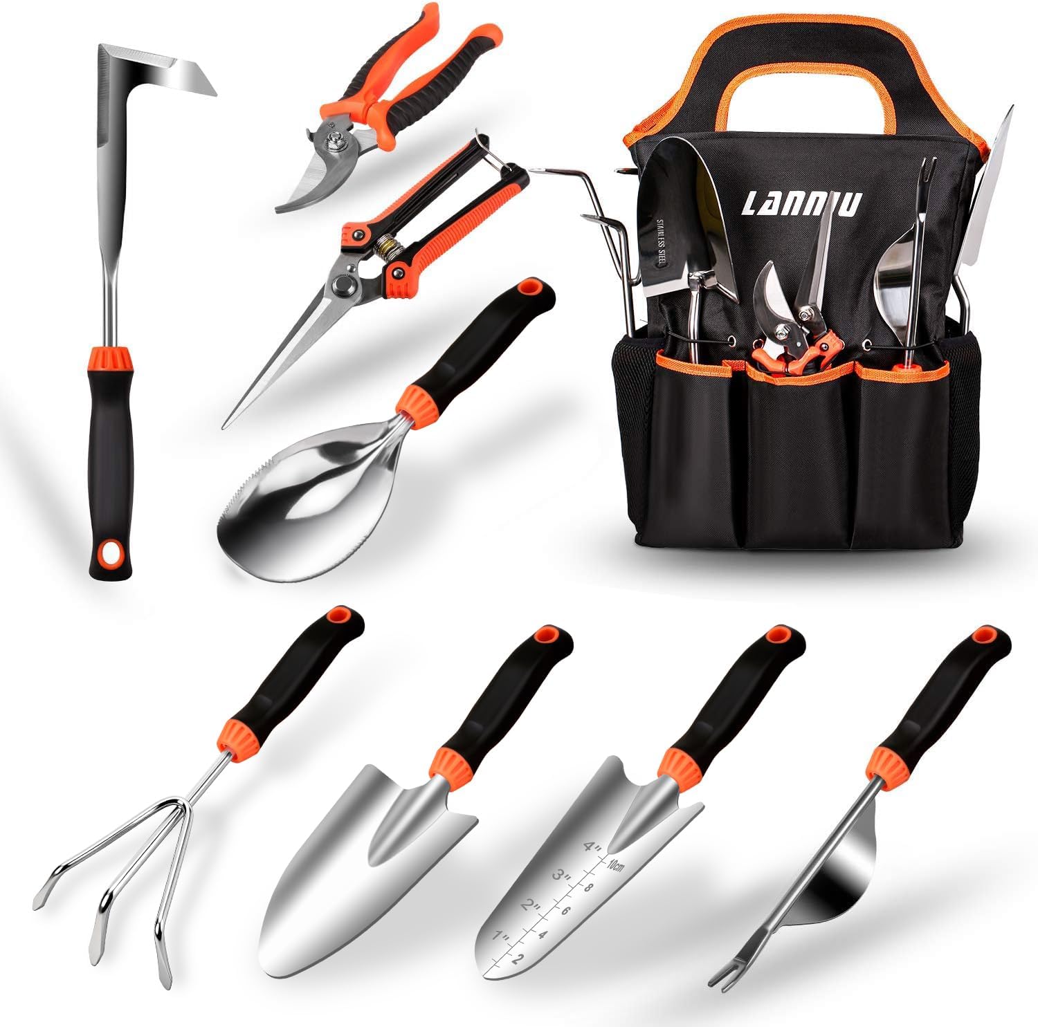 9 Piece Garden Tool Set Heavy Duty Stainless Steel Ergonomic Rubber Handles with Storage Tote Bag