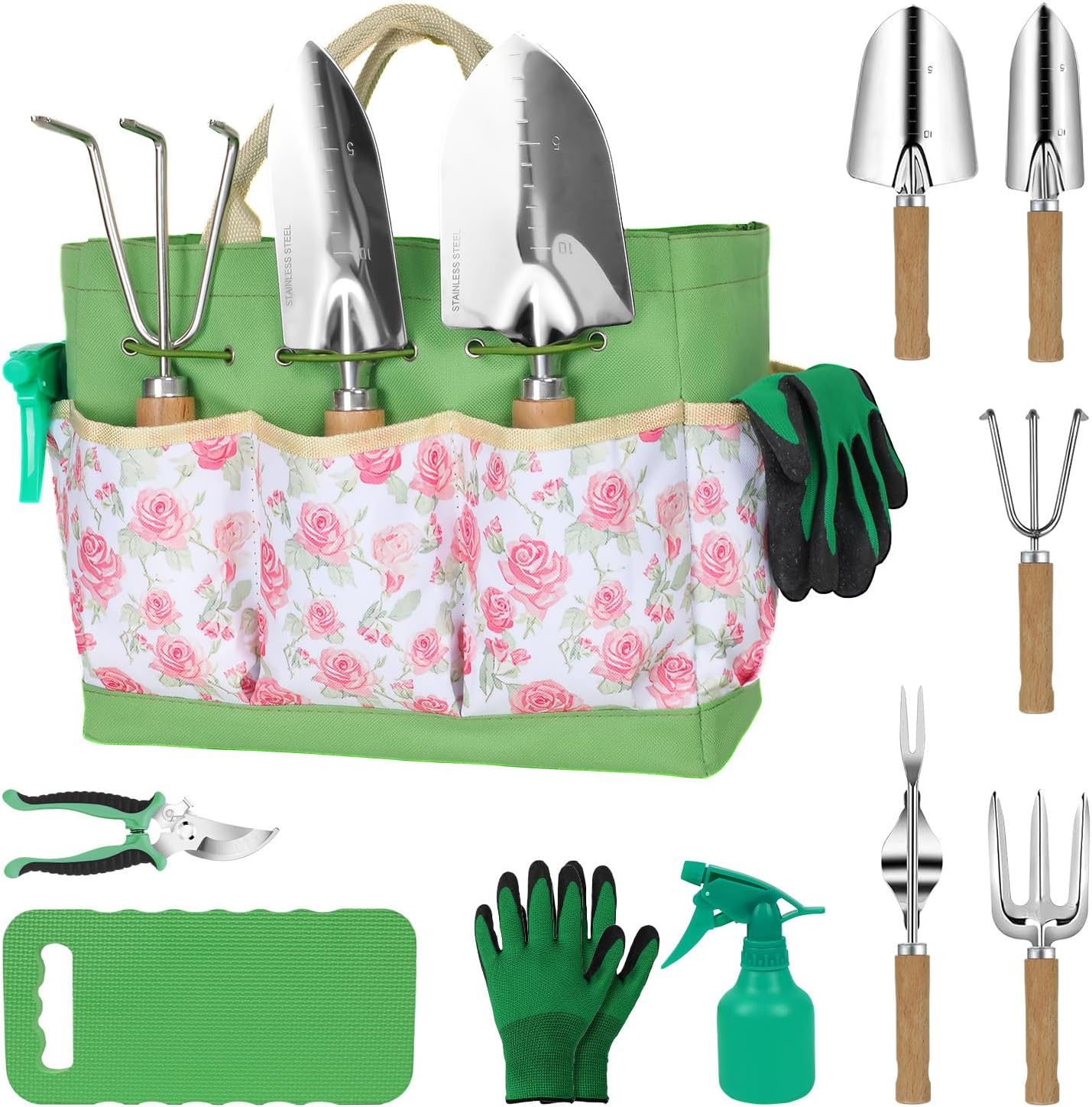10-Piece Heavy Duty Garden Tool Set with Folding Stool and Tote Bag