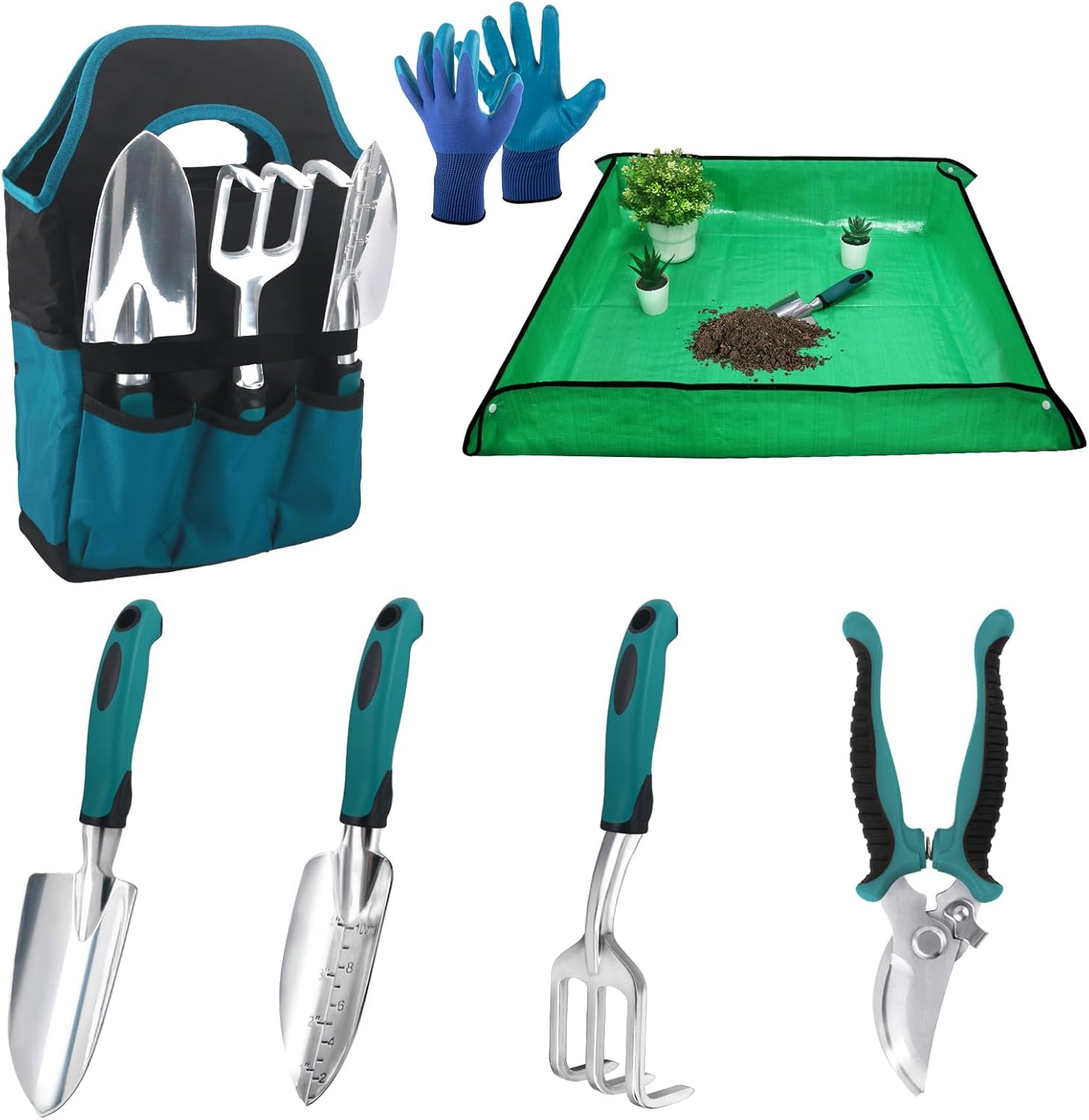 8-Piece Garden Hand Tool Set with Storage Bag and Gloves, Green