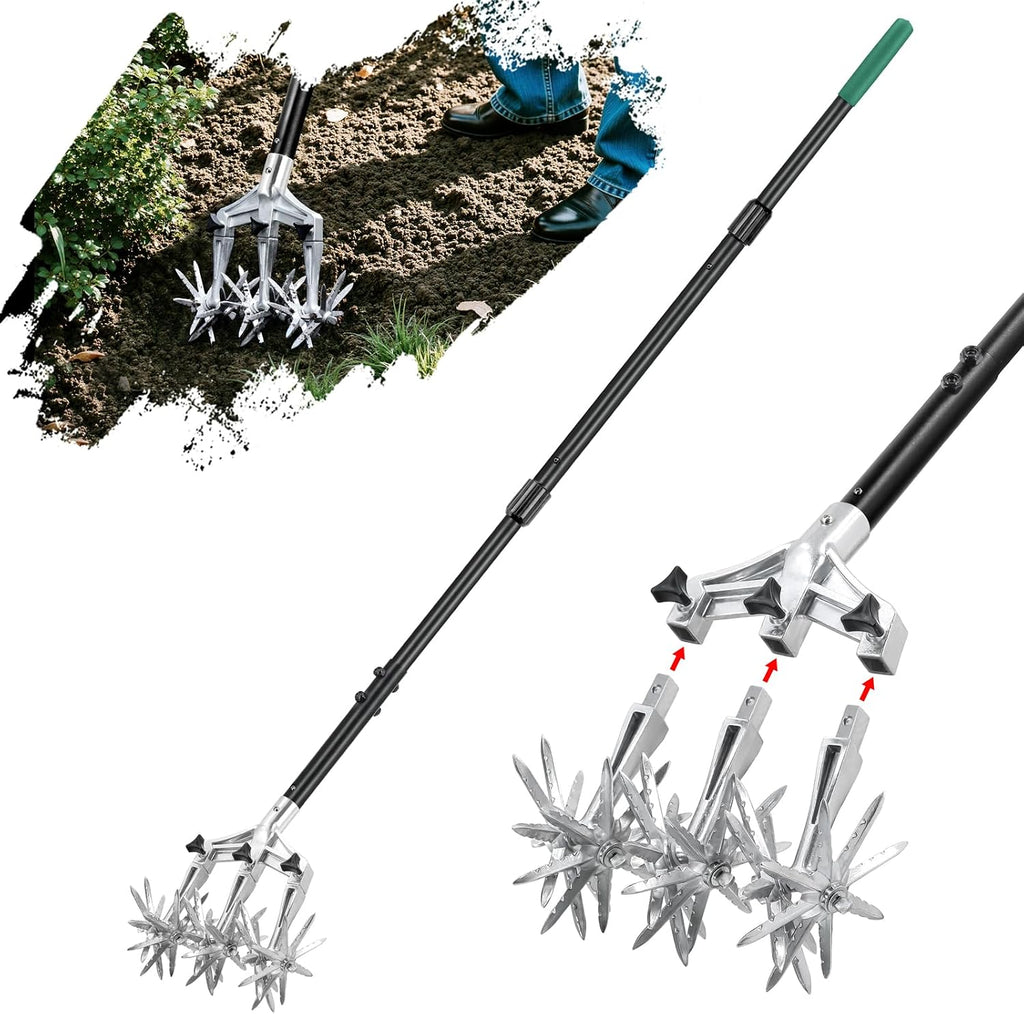 Rotary Cultivator Garden Tool for Gardening and Lawn 61-Inch, Manual Hand Tiller with Detachable Tines and Steel Handle