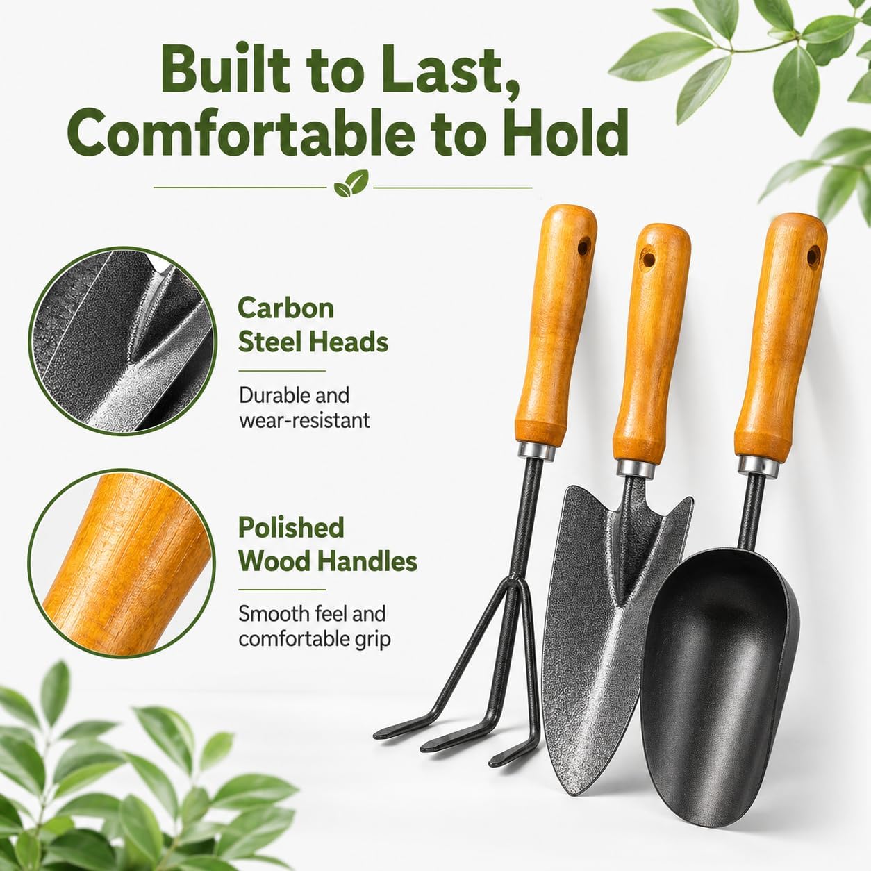 3-in-1 Garden Hand Tool Set Carbon Steel Trowel Transplanter Cultivator with Wooden Handle