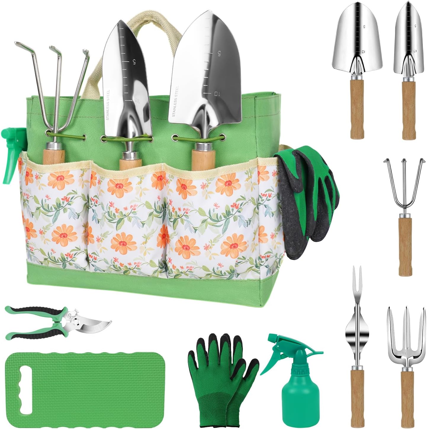 10-Piece Heavy Duty Garden Tool Set with Folding Stool and Tote Bag