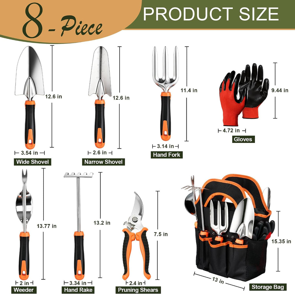 8 Pcs Stainless Steel Heavy Duty Garden Tool Set with Ergonomic Grip
