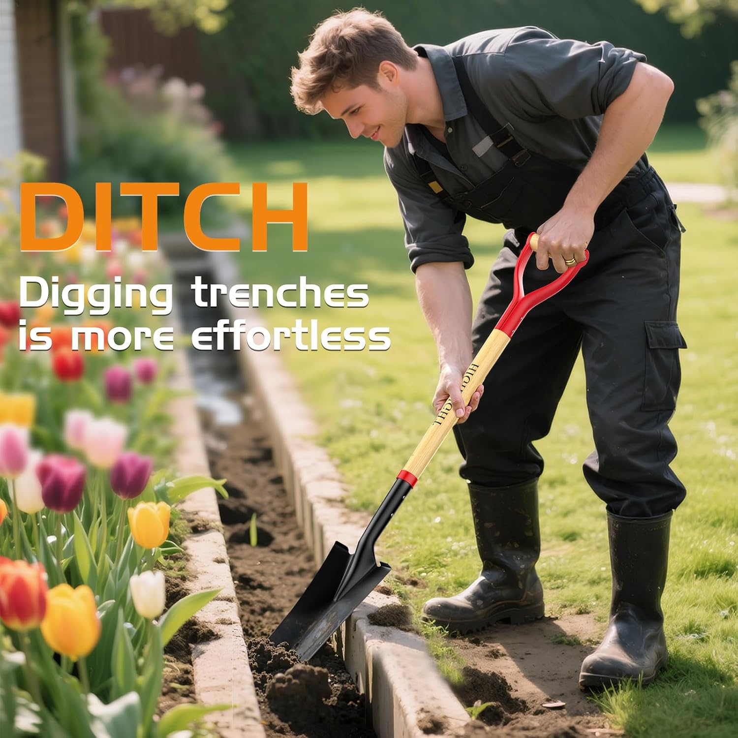 Spade Shovel 45 Inch D-Grip Steel Narrow Transplanting Drain Spade