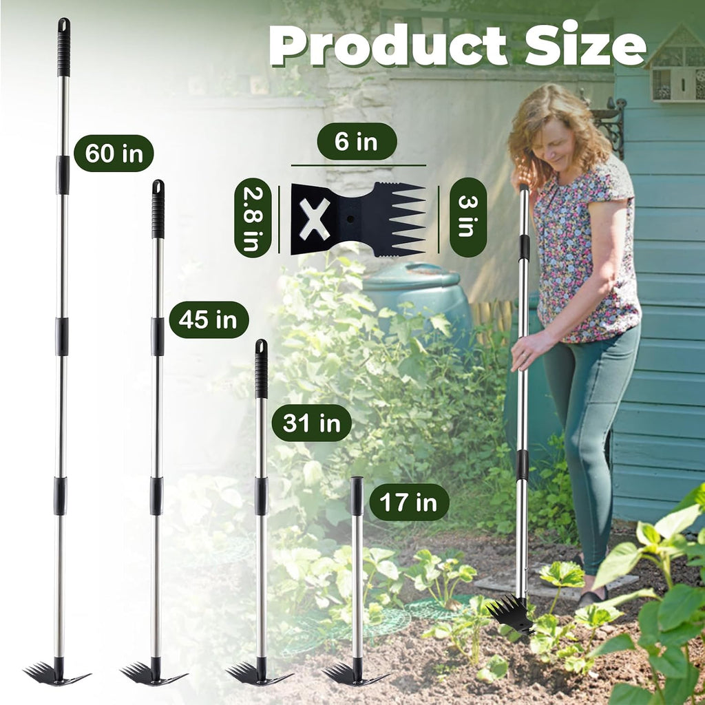Long Handle Weed Puller Tool Heavy Duty Garden Hoe and Rake 60 Inch 2 in 1 Manual Weeder for Garden Yard Lawn
