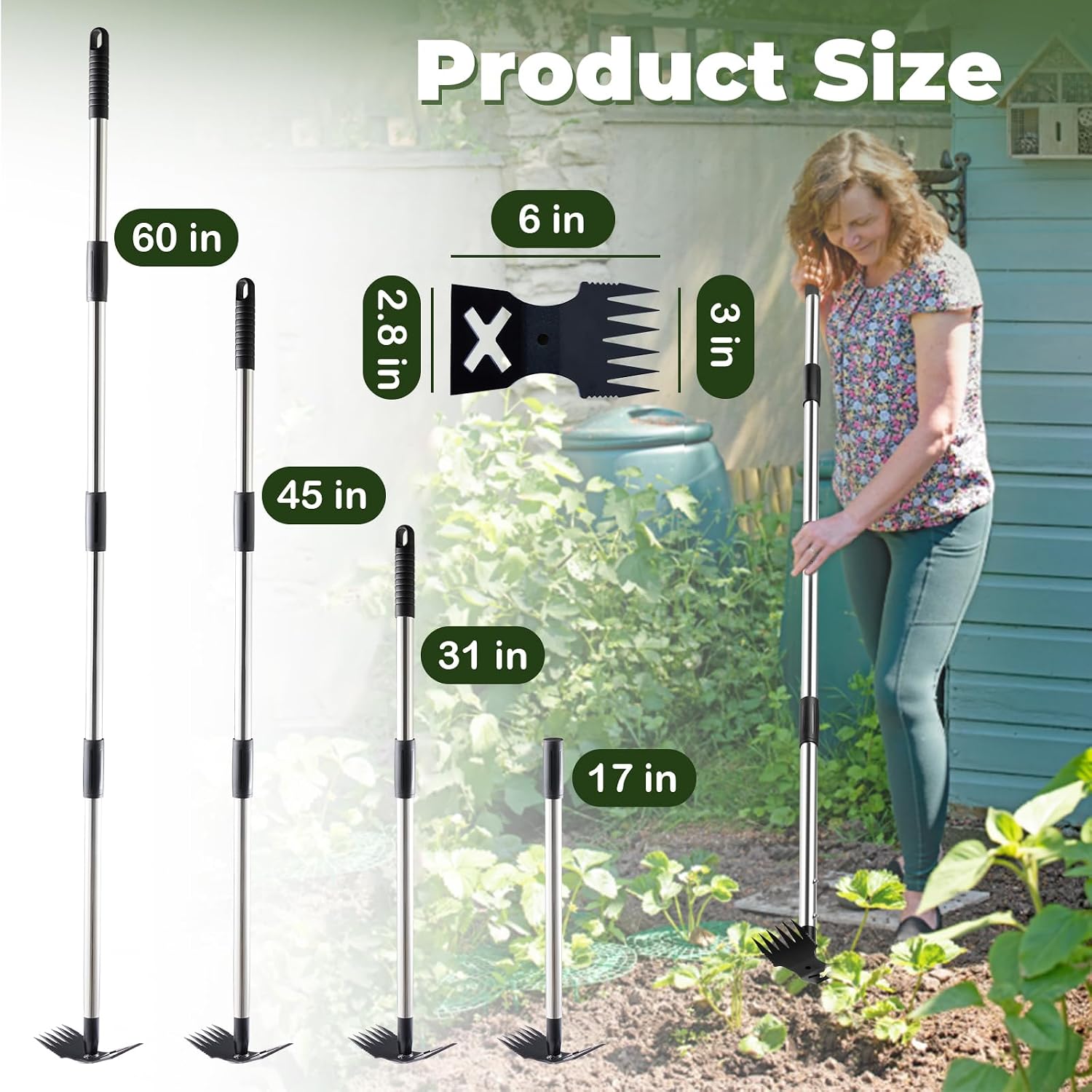 Long Handle Weed Puller Tool Heavy Duty Garden Hoe and Rake 60 Inch 2 in 1 Manual Weeder for Garden Yard Lawn