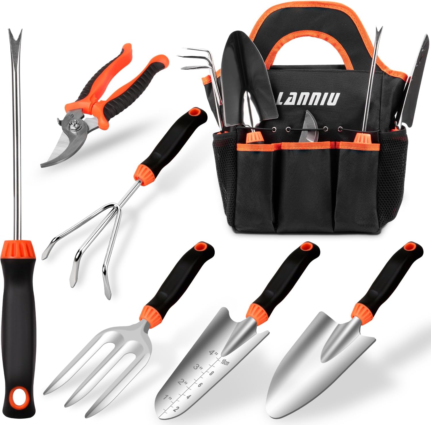 9 Piece Garden Tool Set Heavy Duty Stainless Steel Ergonomic Rubber Handles with Storage Tote Bag