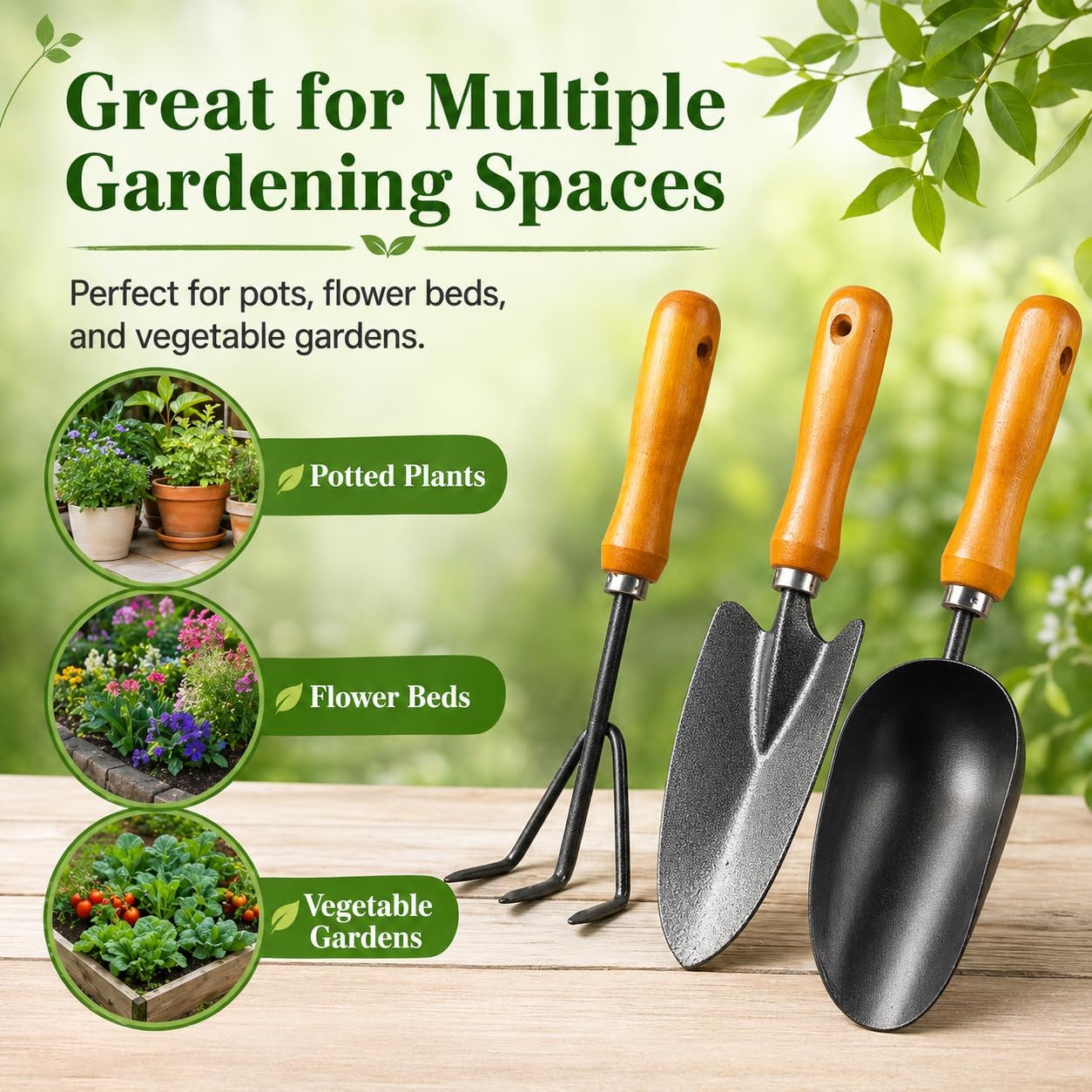 3-in-1 Garden Hand Tool Set Carbon Steel Trowel Transplanter Cultivator with Wooden Handle