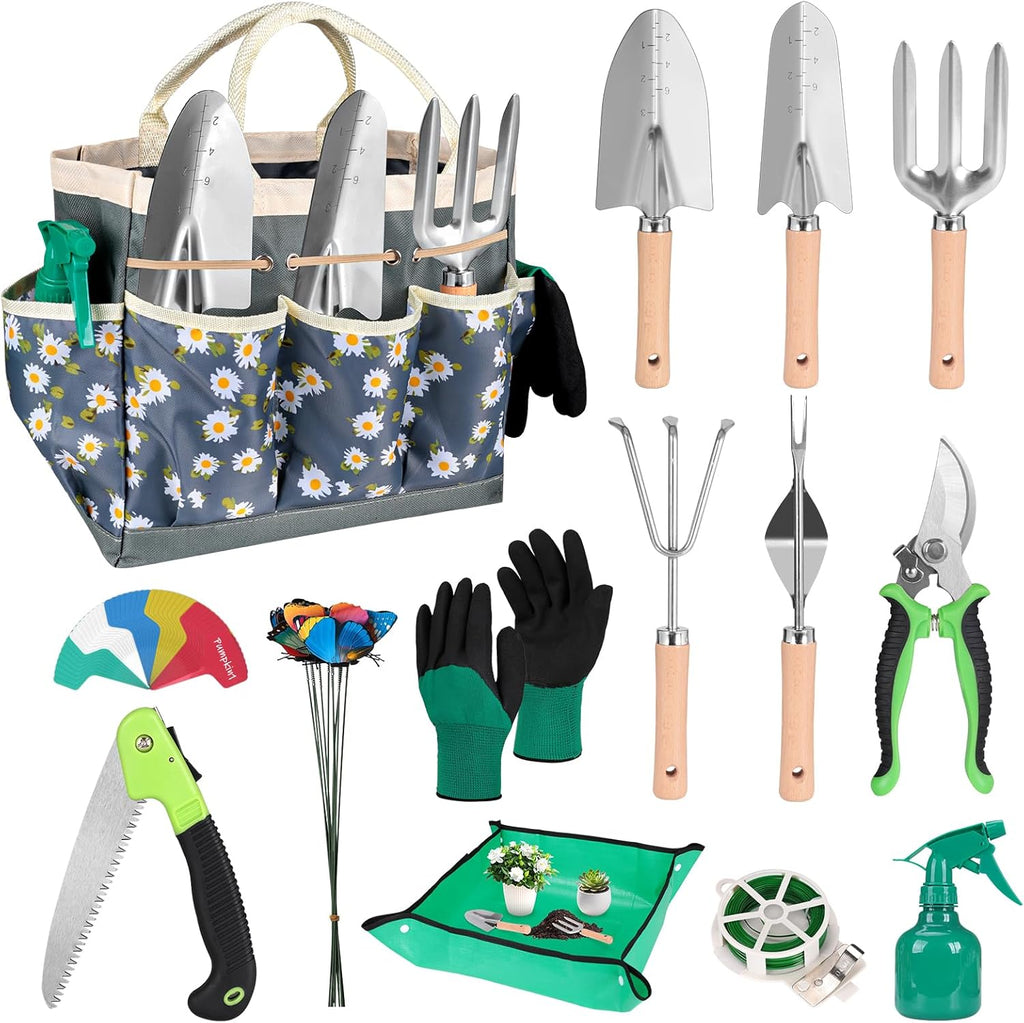 62-Piece Heavy-Duty Garden Tool Set, Complete Garden Tool Kit with Stainless Steel Shovel, Repotting Mat, Pruning Shear and Durable Gardening Tool Bag