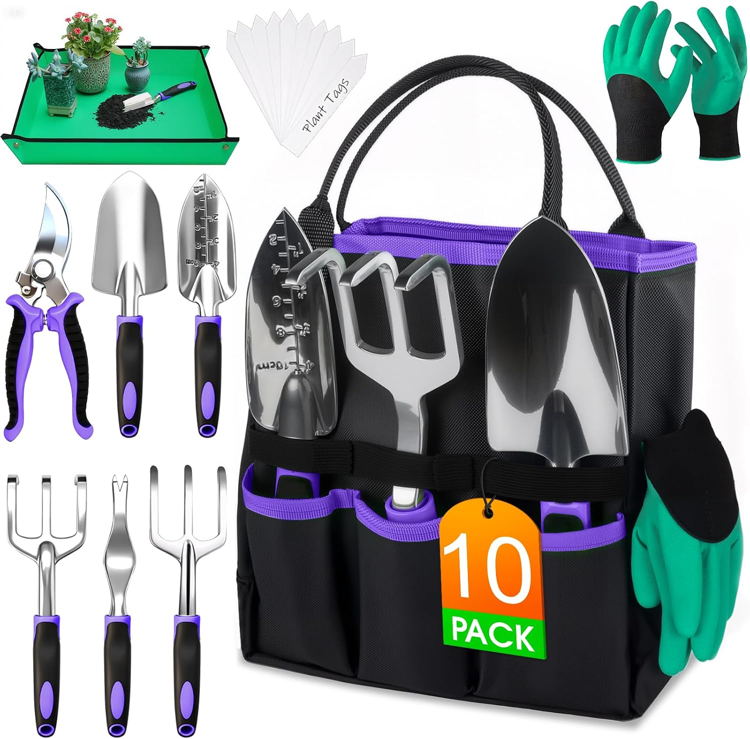 10-Piece Heavy Duty Gardening Hand Tools Kit with Storage Tote Bag