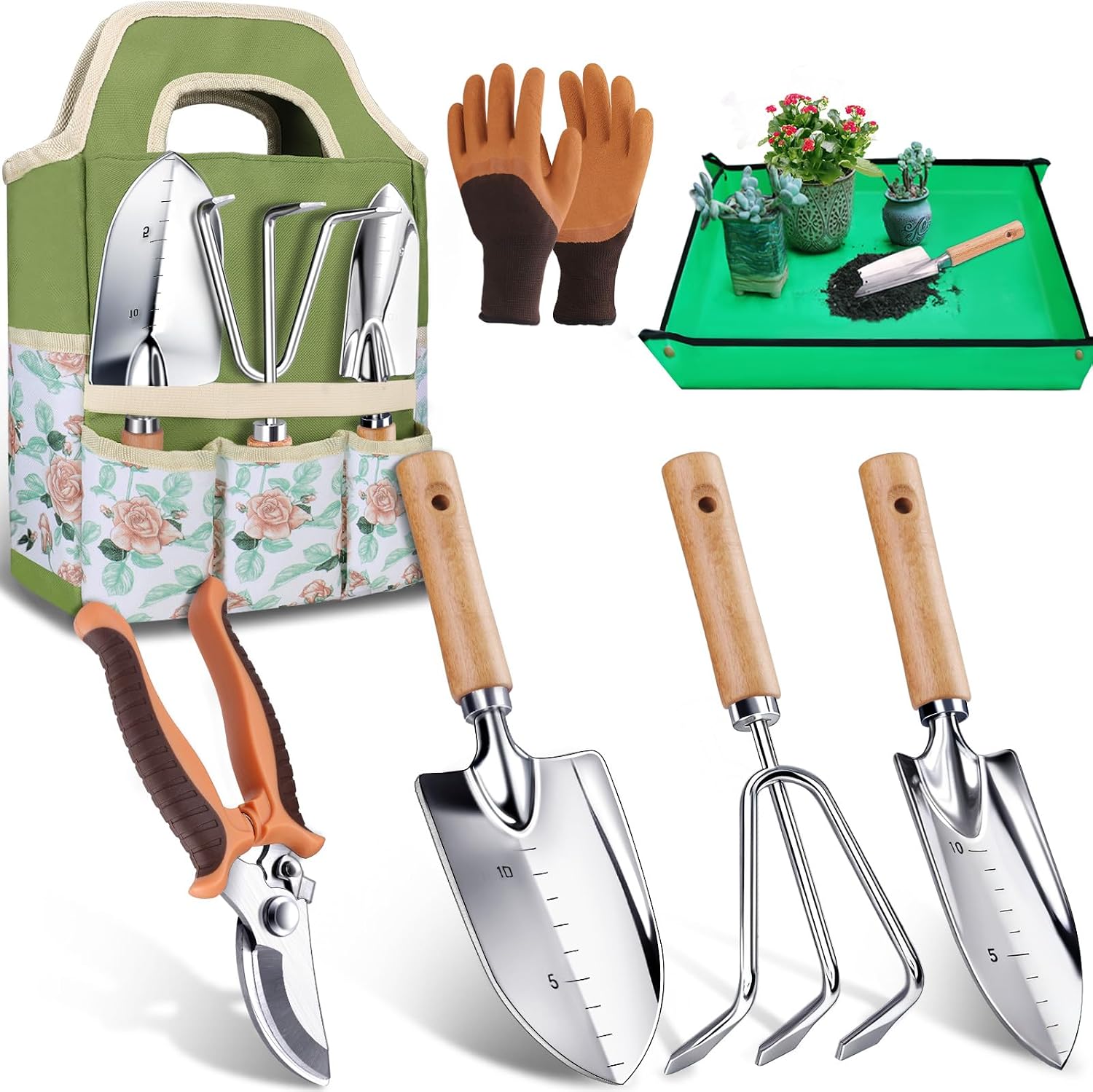 7-Piece Gardening Tools Set with Trowel, Hand Rake, Pruning Shears, Gloves and Repotting Mat