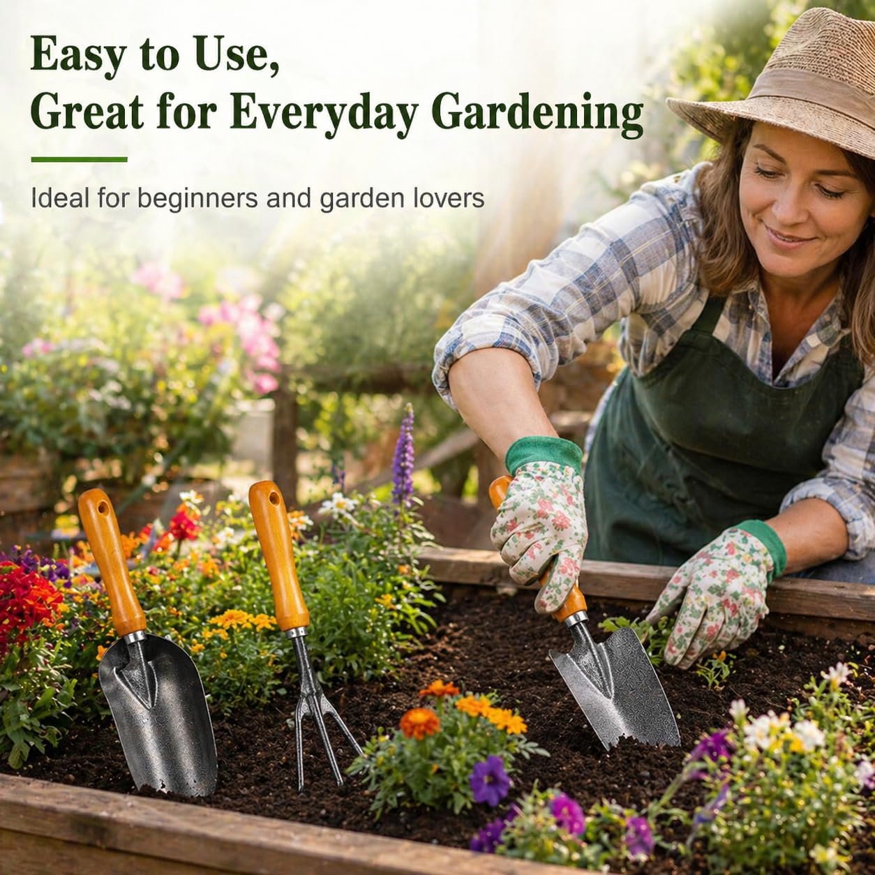 3-in-1 Garden Hand Tool Set Carbon Steel Trowel Transplanter Cultivator with Wooden Handle