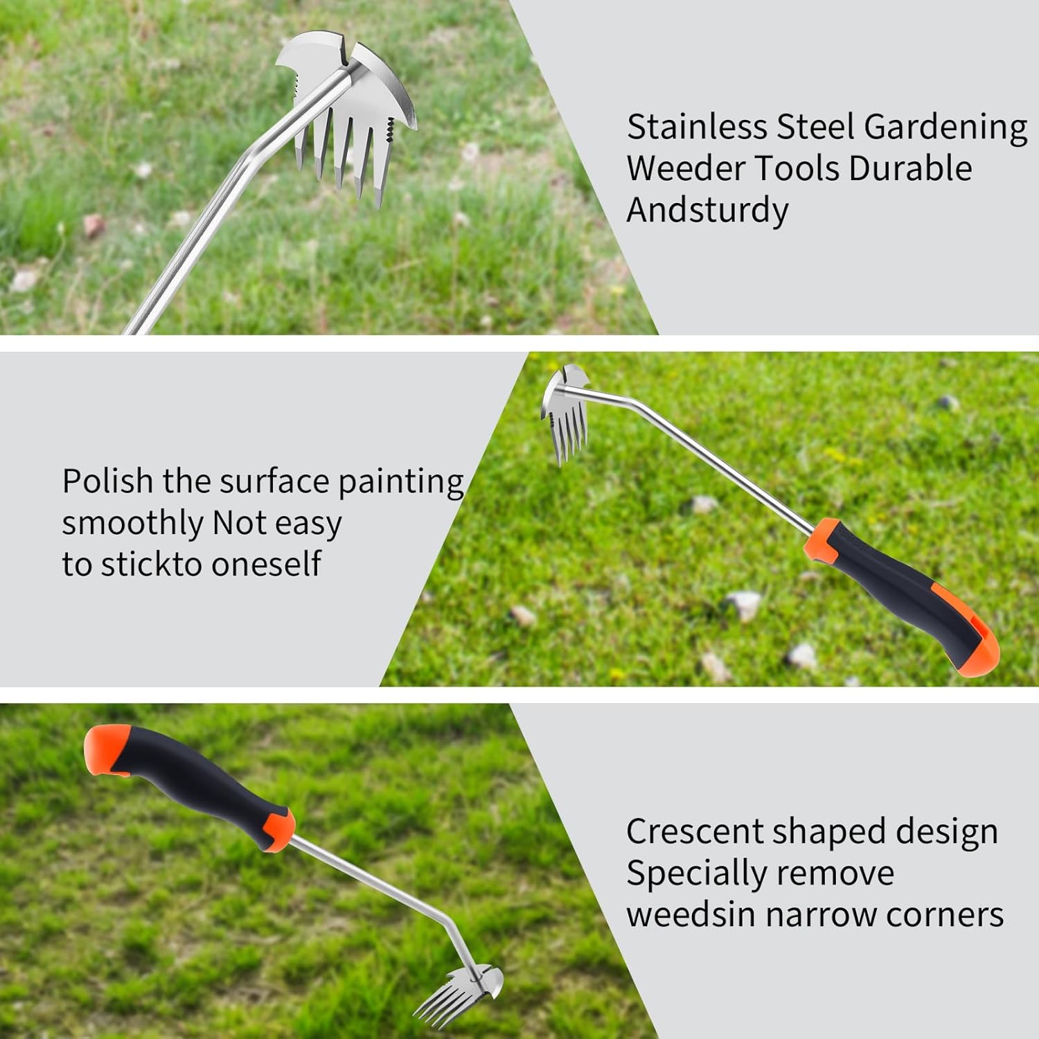 Weed Puller Tool Stainless Steel 5-Teeth Rubber Handle Weeding Tool for Garden Yard Farm