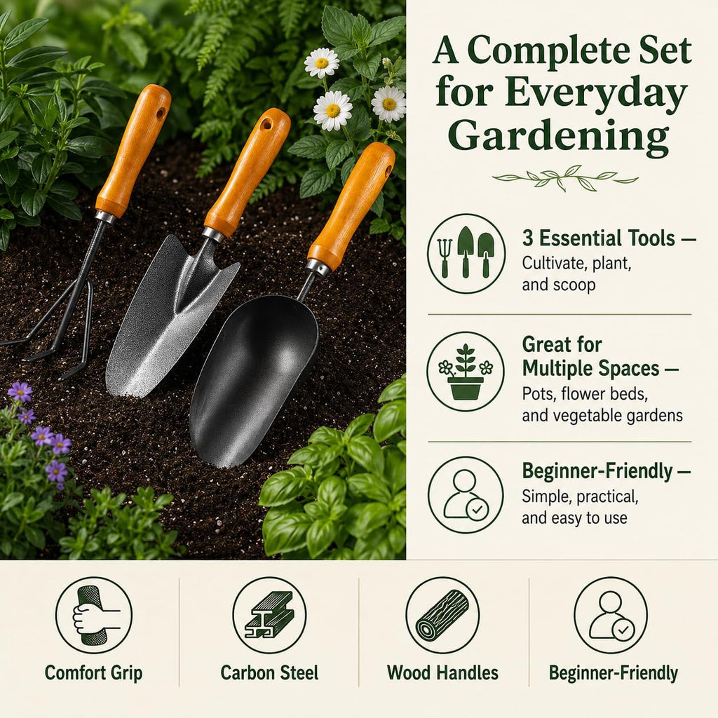 3-in-1 Garden Hand Tool Set Carbon Steel Trowel Transplanter Cultivator with Wooden Handle