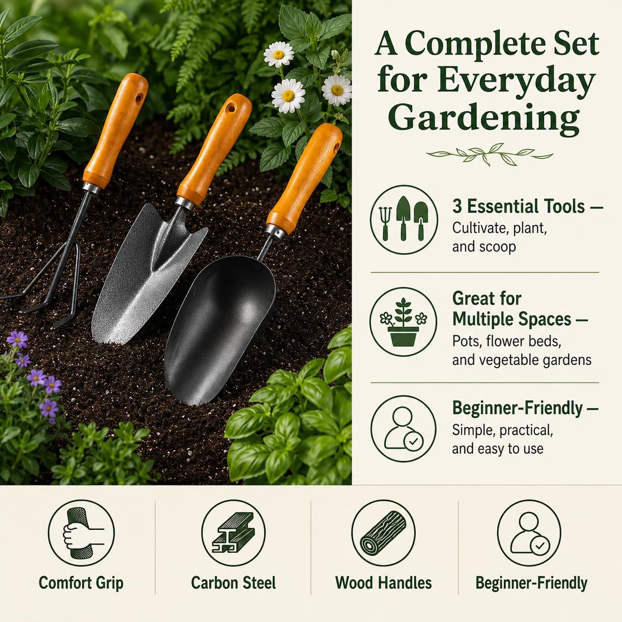 3-in-1 Garden Hand Tool Set Carbon Steel Trowel Transplanter Cultivator with Wooden Handle