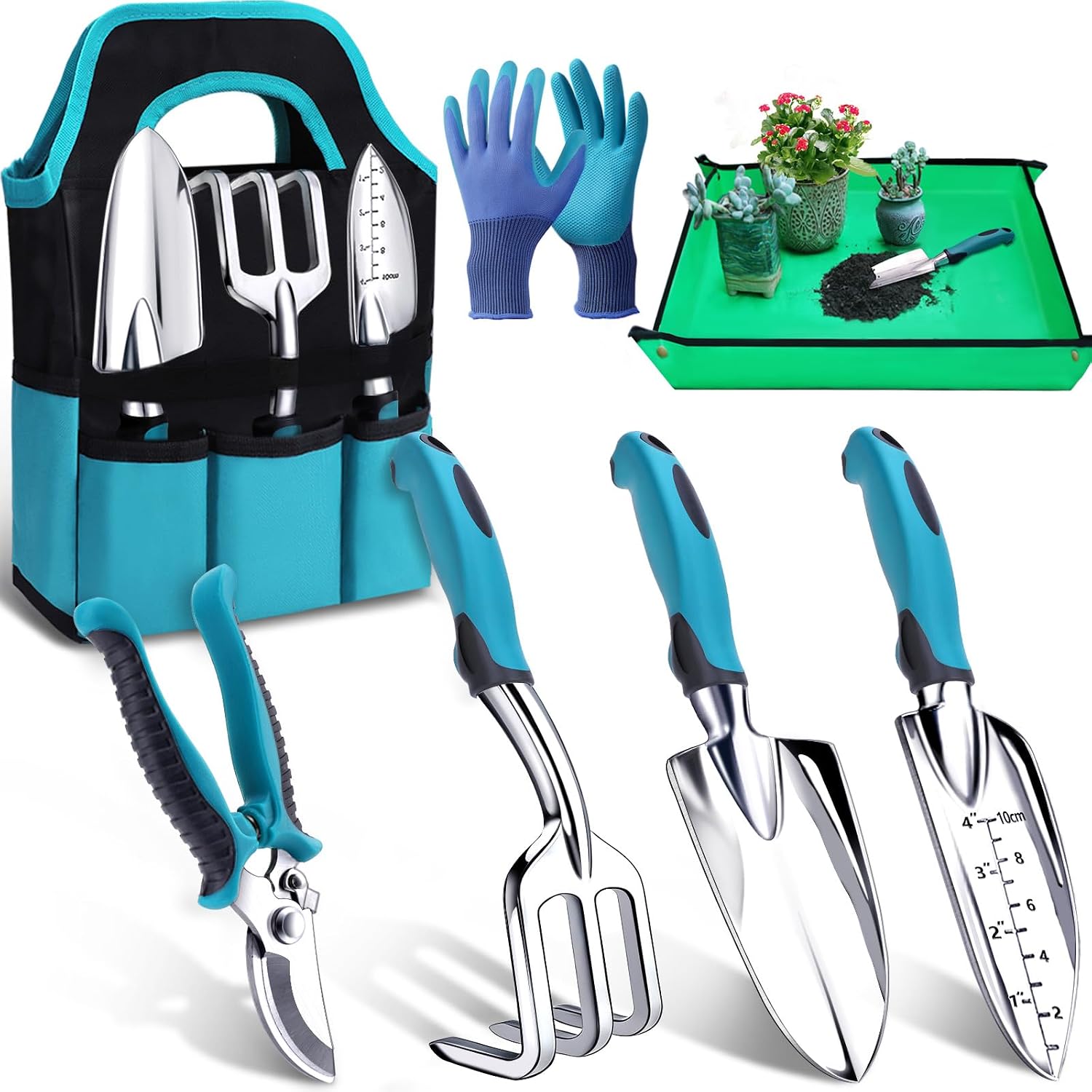 7-Piece Gardening Tools Set with Trowel, Hand Rake, Pruning Shears, Gloves and Repotting Mat