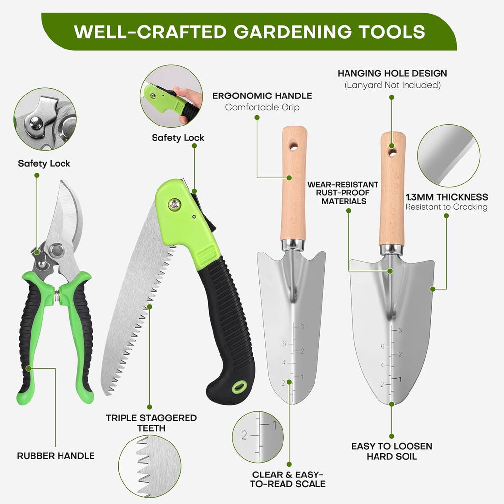62-Piece Heavy-Duty Garden Tool Set, Complete Garden Tool Kit with Stainless Steel Shovel, Repotting Mat, Pruning Shear and Durable Gardening Tool Bag