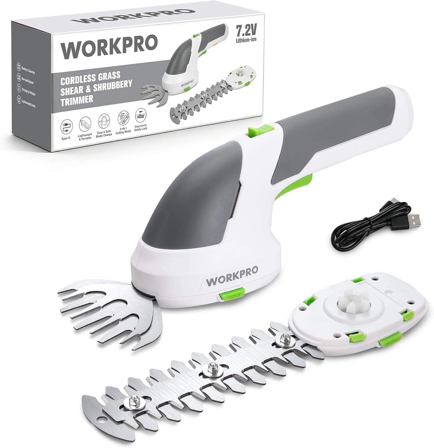 7.2V Cordless Grass Shear & Shrubbery Trimmer with 5.9" Shrub Blade and 4.2" Grass Shear, USB-C Charging, Handheld for Garden and Lawn