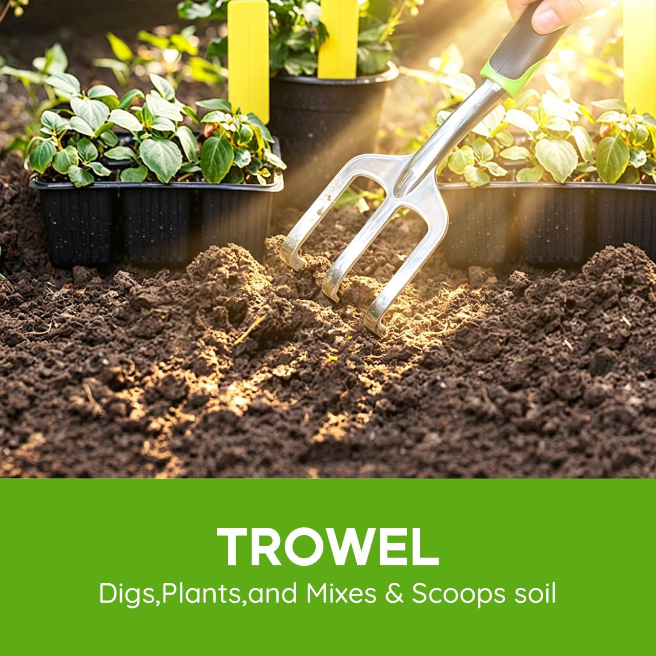 Garden Tool Set 3-Piece with Hand Trowel, Transplant Trowel and Cultivator Hand Rake, Ergonomic Non-Slip Handle