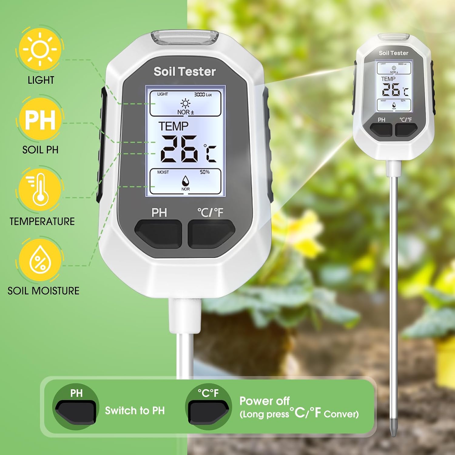 4-in-1 Soil Moisture Meter Digital Plant Tester with Backlight LCD Display