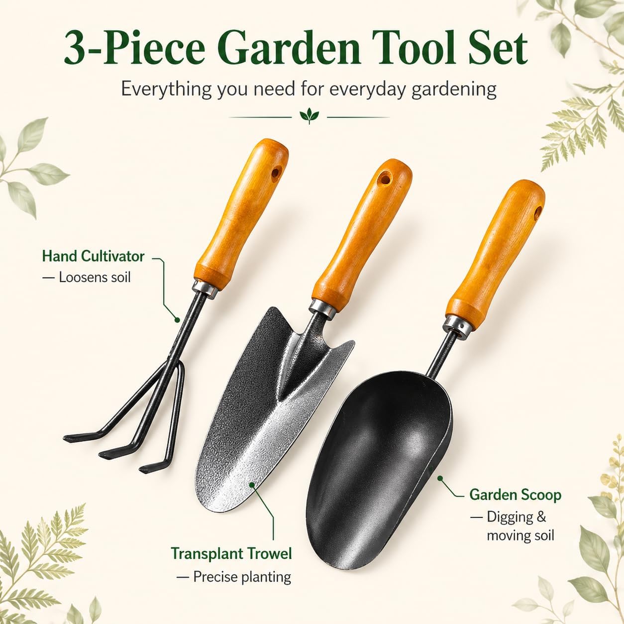 3-in-1 Garden Hand Tool Set Carbon Steel Trowel Transplanter Cultivator with Wooden Handle