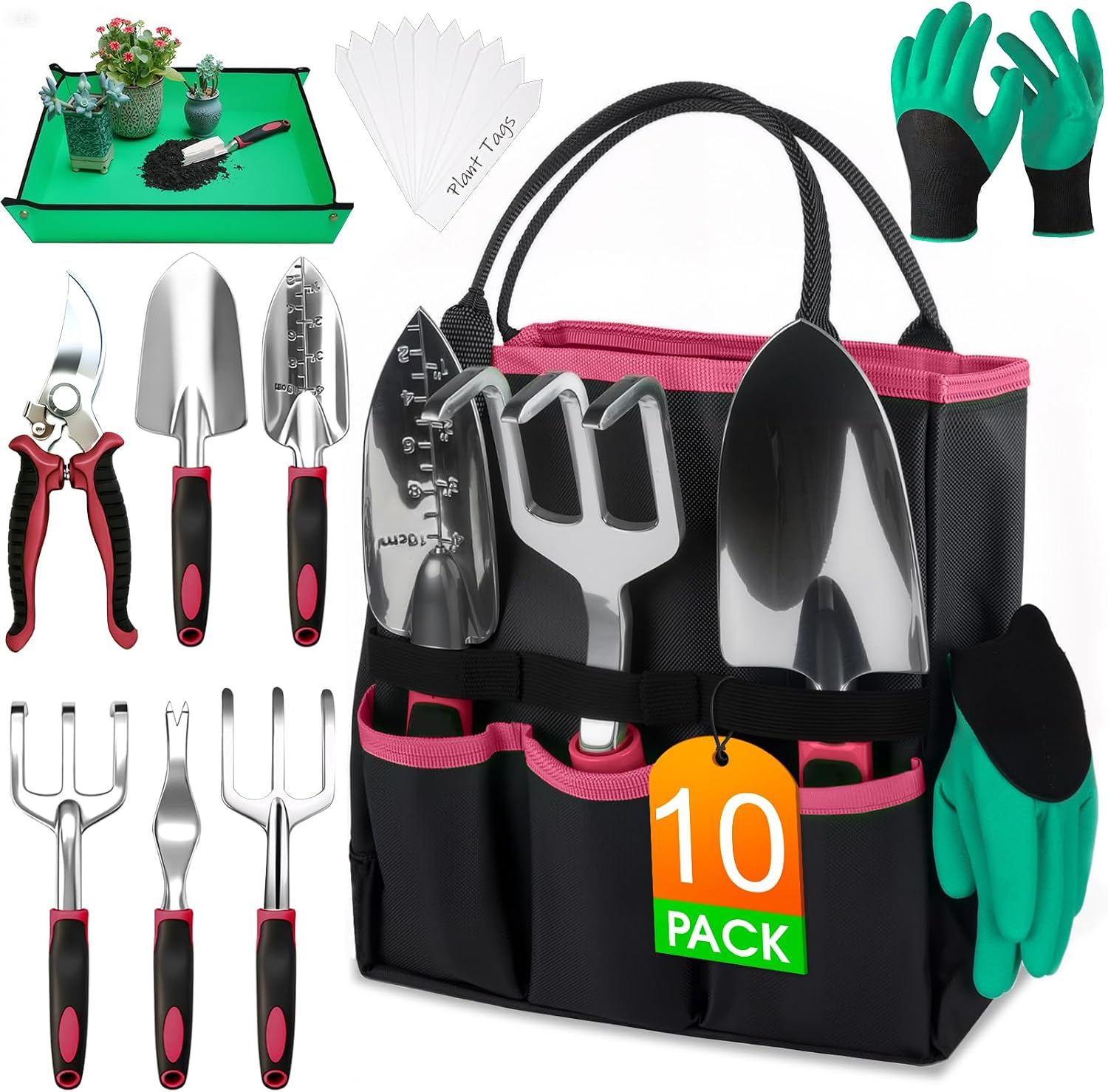 10-Piece Heavy Duty Gardening Hand Tools Kit with Storage Tote Bag