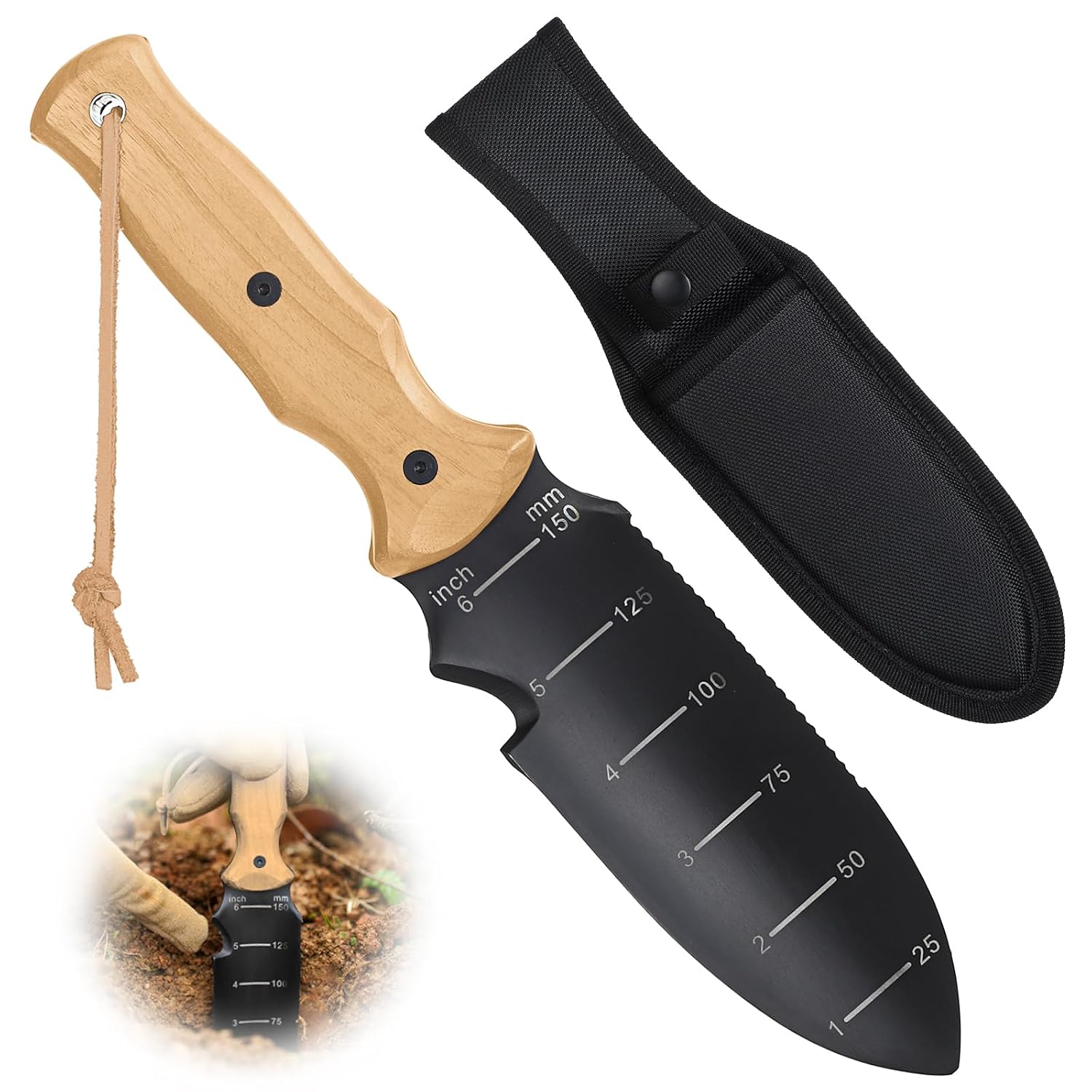 Hori Hori Garden Knife with Sheath, Dual-Scale Blade, Wood Handle