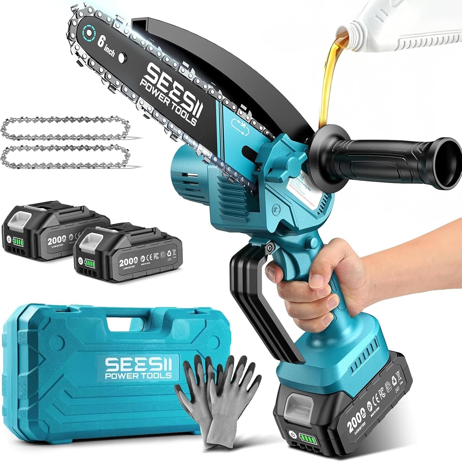 6-Inch Cordless Mini Chainsaw Handheld Electric Power Chain Saw with 2 Batteries for Tree Trimming and Wood Cutting