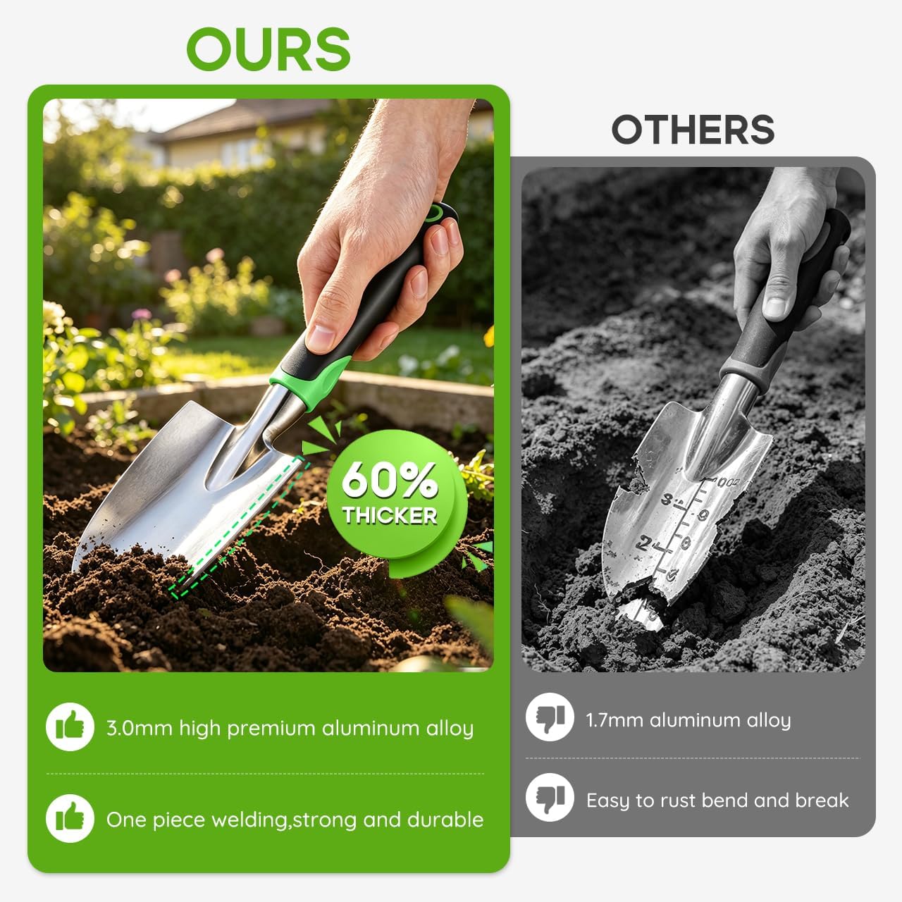 Garden Tool Set 3-Piece with Hand Trowel, Transplant Trowel and Cultivator Hand Rake, Ergonomic Non-Slip Handle