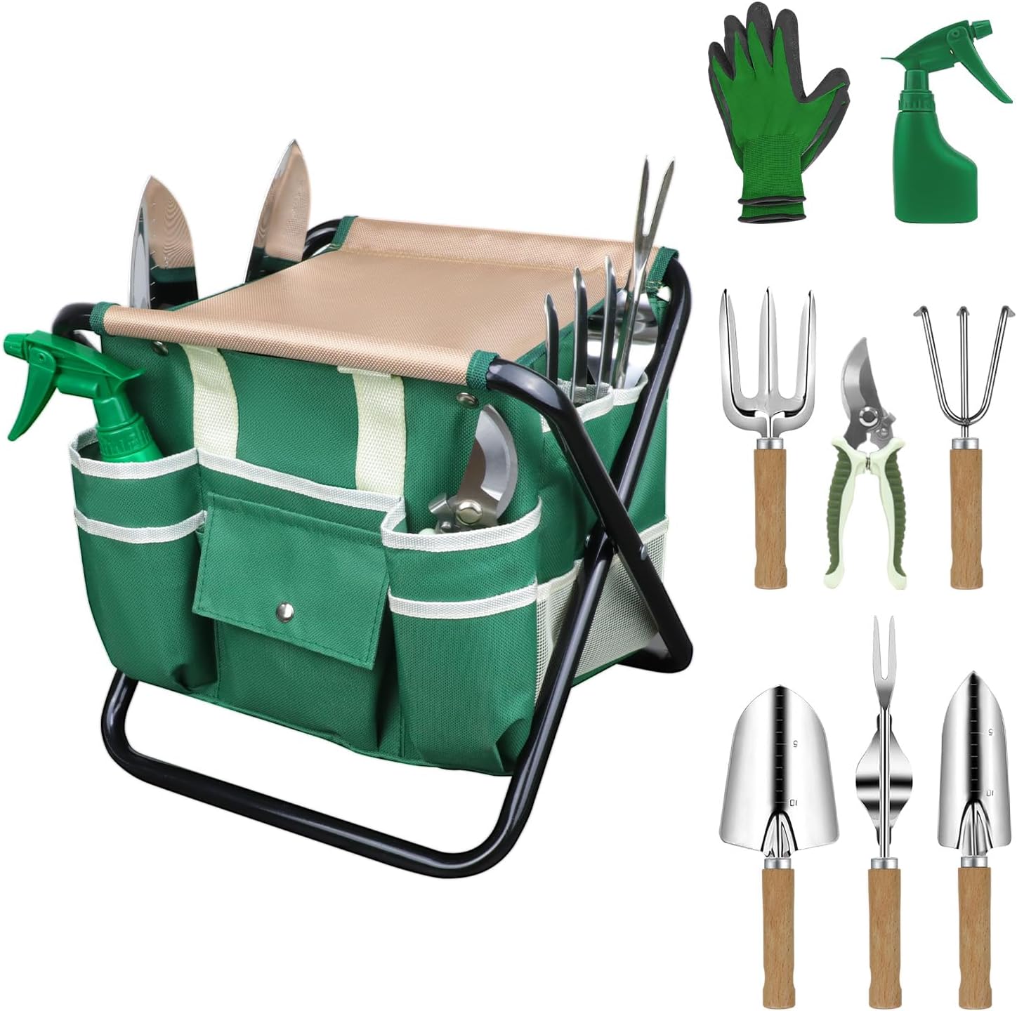 10-Piece Heavy Duty Garden Tool Set with Folding Stool and Tote Bag