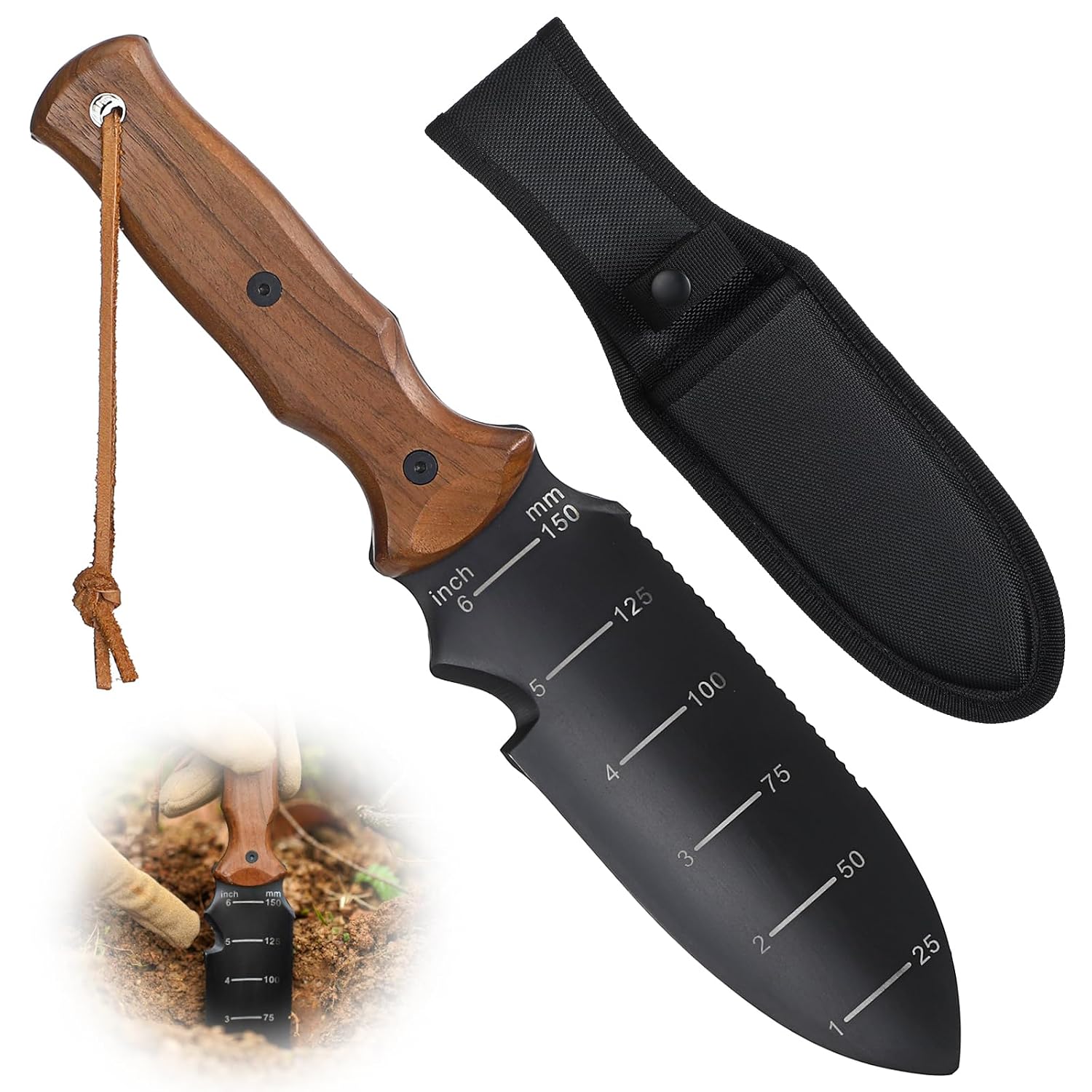 Hori Hori Garden Knife with Sheath, Dual-Scale Blade, Wood Handle