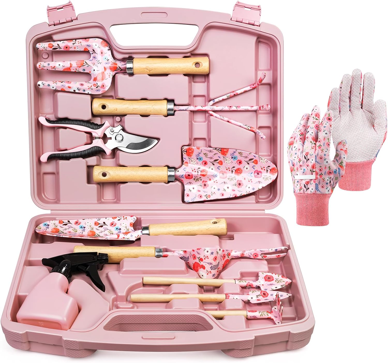 12-Piece Complete Garden Tool Set with Carrying Case, Floral Print Rust-Proof Trowel, Rake, Weeder and Pruner