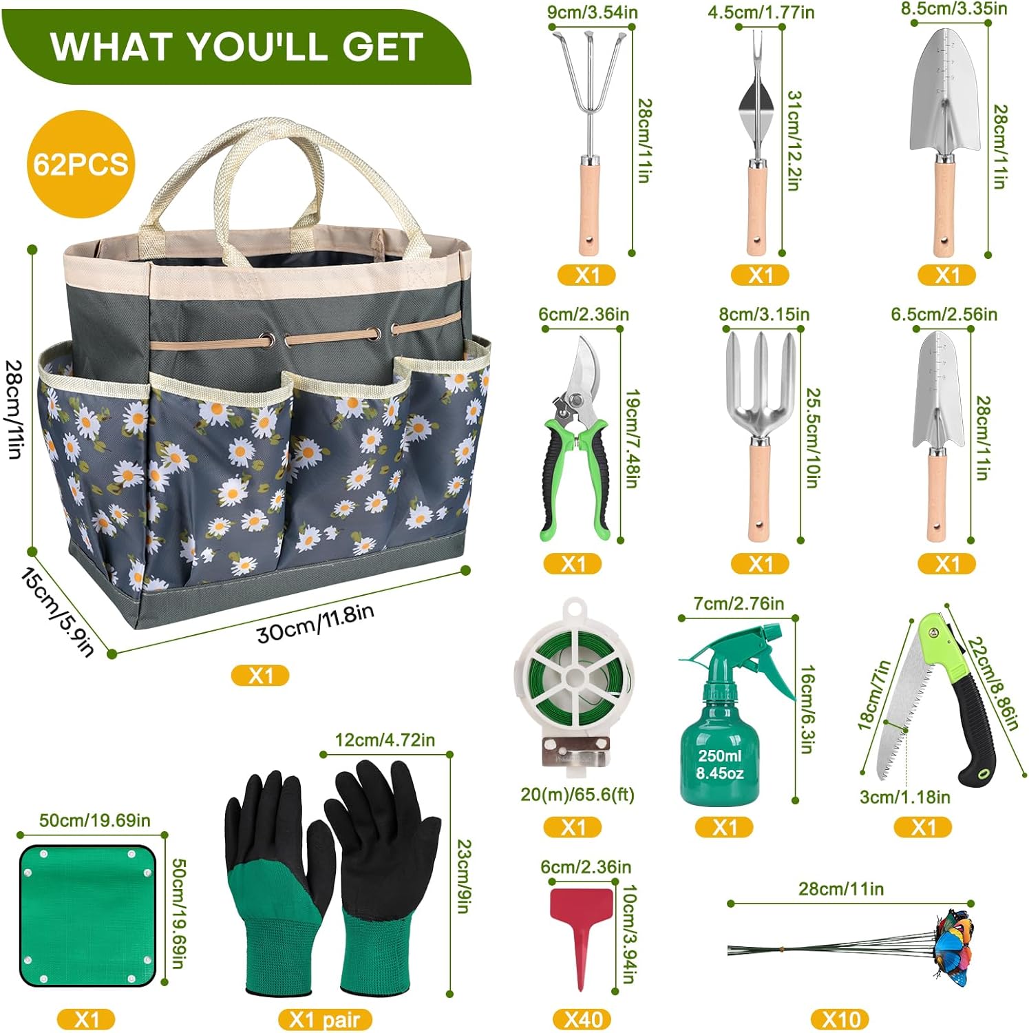 62-Piece Heavy-Duty Garden Tool Set, Complete Garden Tool Kit with Stainless Steel Shovel, Repotting Mat, Pruning Shear and Durable Gardening Tool Bag