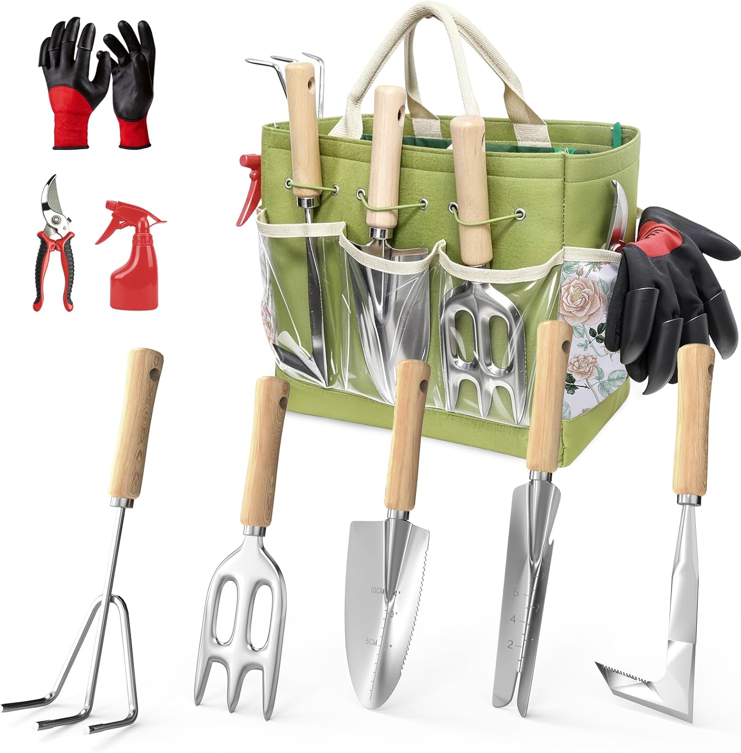 9-Piece Heavy Duty Garden Tool Set with Floral Tote Bag, Stainless Steel Hand Tools for Digging, Planting, Weeding and Pruning