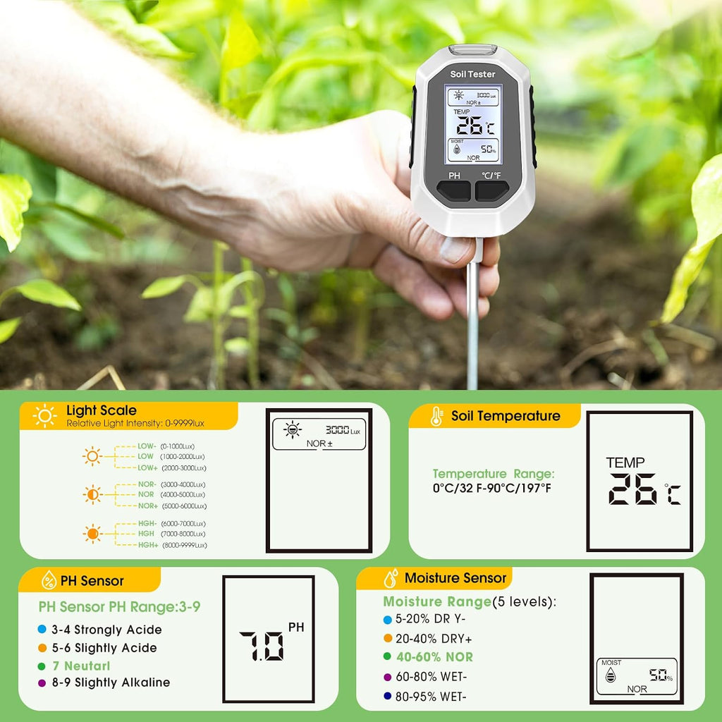 4-in-1 Soil Moisture Meter Digital Plant Tester with Backlight LCD Display