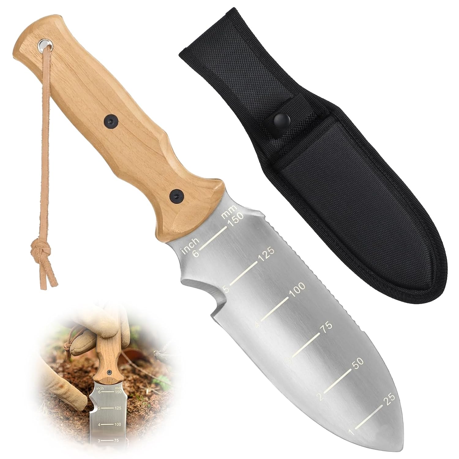 Hori Hori Garden Knife with Sheath, Dual-Scale Blade, Wood Handle